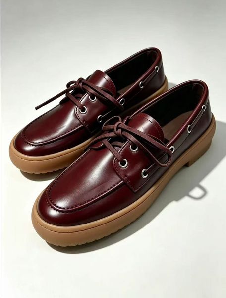 Early Autumn New Round-Toe Lace-Up Chunky-Sole Genuine Leather Loafers