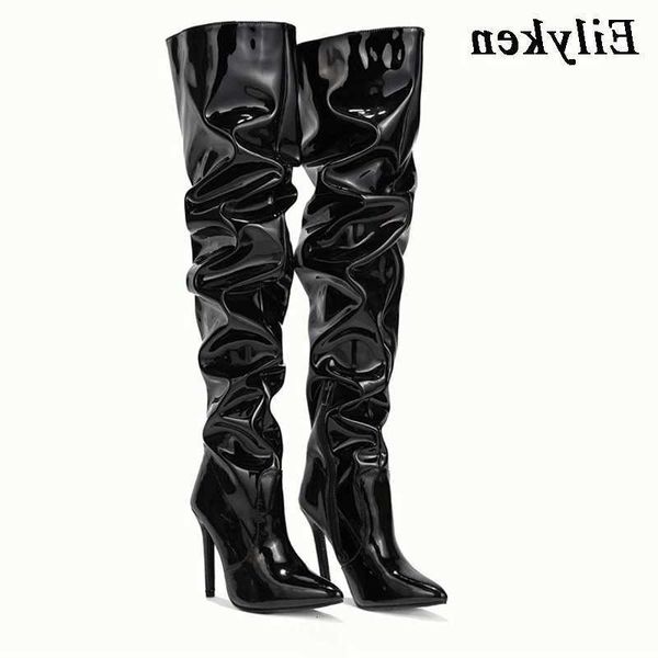 Wen Eilyken Red Over The Knee Boots High H Patent Leather Solid Pointed Toe Stiletto Side Zipper Sapatos FemininosT260819