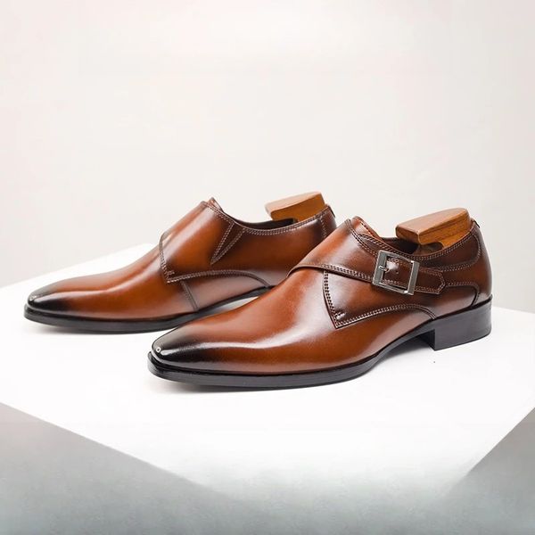 Classic Retro Dress Men Monk Leather Shoes with Pointed Toe Buckle Business Office Wedding Comfortable Oxfords 260820