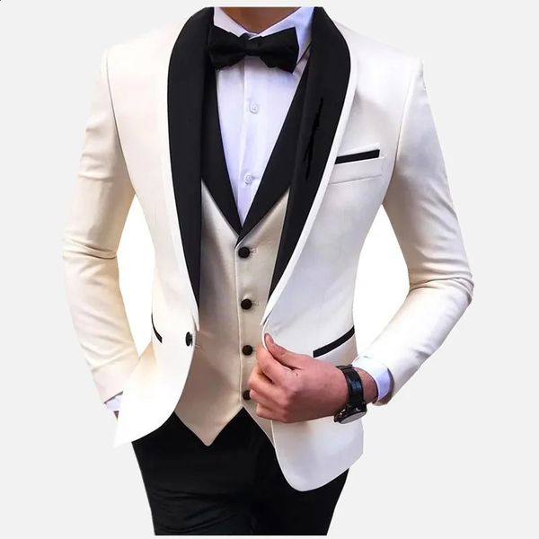 White Slit Mens Suits 3 Piece Black Shawl Lapel Casual Groom Tuxedos for Wedding Groomsmen Suits Men BlazerVestPant 260818