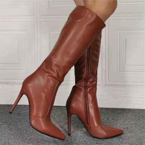 Women Sexy Stiletto Knee High Boots Side Zipper Pointed Toe Leather High Heel Boots Women's ShoesT260820