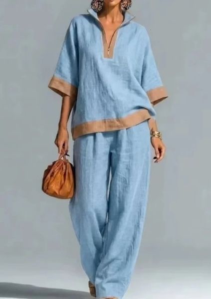 Vintage Women Linen Loose Twopiece Set Summer Sexy Casual Half Zip TopWide Leg Pants 2026 Elegant Color Blocking Bohemian O 260822