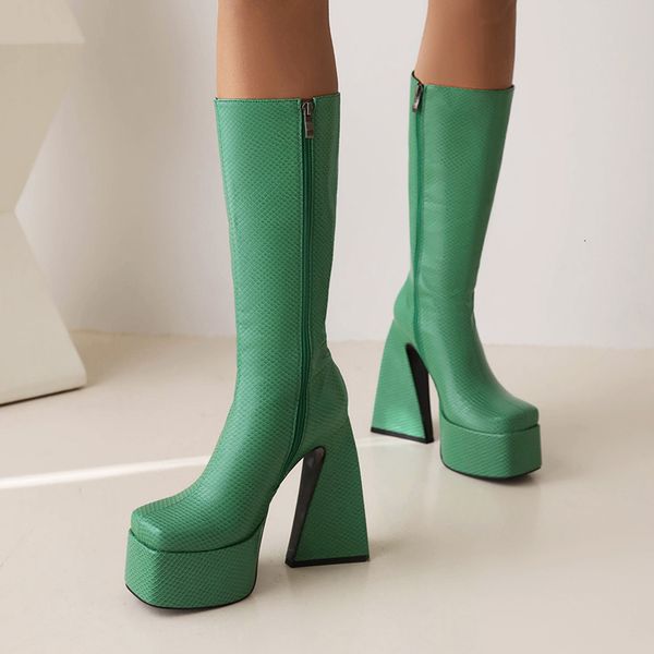 Snake Plaid Super High Profile Tapered Heel Square Toe Women's Knee Geometric Embossed Platform Catwalk Boots