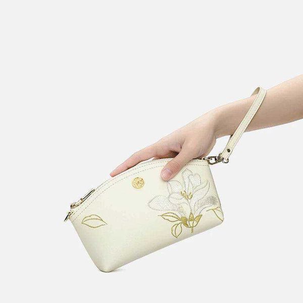 Women Designer Style Handbag Wallet Split Leather Embroidery Magnolia Floral Crossbody Shoulder Purse Zipper Clutch Women Handbag Clutch