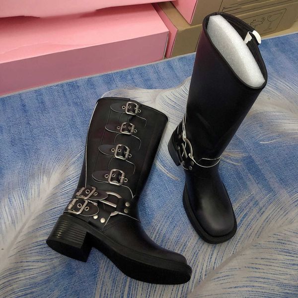 Luxury Designer Women Black Leather Knee High Boots Square Toes Ladies Long Boots Vintage Distressed Chunky Platform Heel Boots 260826
