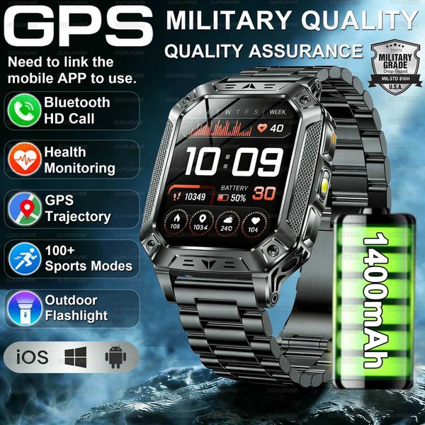 2026 Military outdoor SmartWatch Fitness Clock Men 2.01 inch AMOLED Screen 1400mAh Battery Flashlight Call Waterproof Smart Band T260827