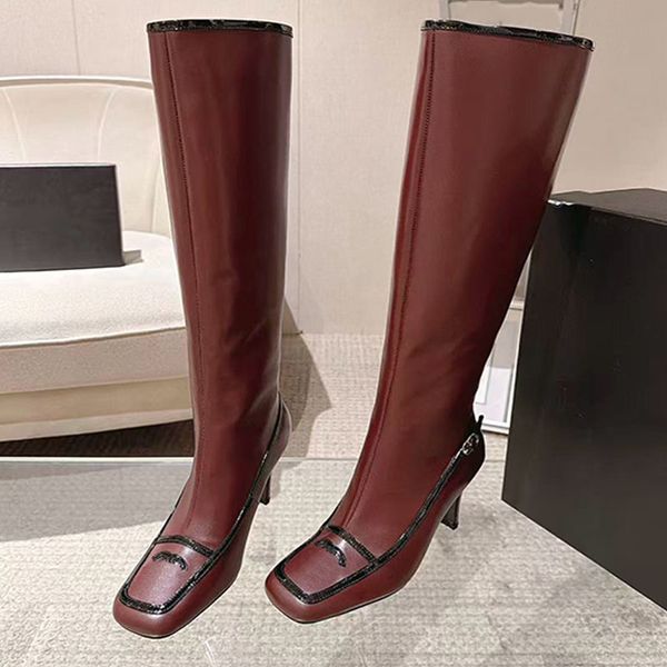 Designer Women Stiletto Knee High Leather Boot Luxury Two Tone Trim Embroidered Square Toe Knee High Boots Vintage Banquet Occasions Booties
