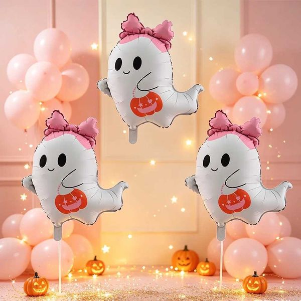 3Pcs Cute Pink Bow Ghost Foil Balloons Holding Pumpkin Bucket Sweet Ins Style Halloween Kids Party Photo Decoration Props L260831