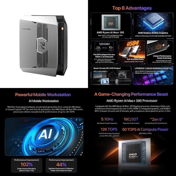 OpenClaw Ryzen AI Max+ 395 Mini PC for Windows 11 Pro 128GB LPDDR5X 2TB SSD WiFi 6 BT 5.2 Gaming Desktop Computer