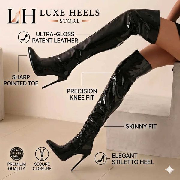Women Patent Leather Over The Knee Boots Pointed Toe Stiletto Heel Side Zipper Sexy Thigh High Party Ladies Black Long Boots D260831