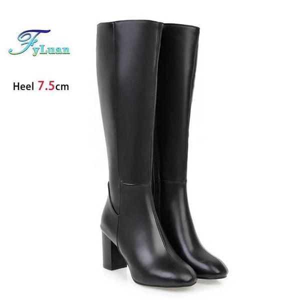 Plus Size 48 Square Toe Knee High Boots Women Side Zipper Winter Warm Long Shoes Comfort Thick Heel 7.5CM Black Leather Boots D260831