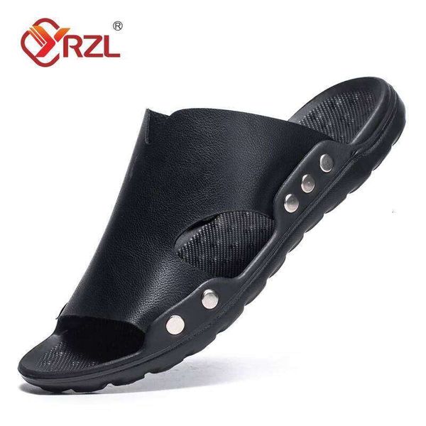 YRZL Mens Sandals PU Leather Classic Summer Soft Black Big Size Slippers Lightweight EVA Slides for Men
