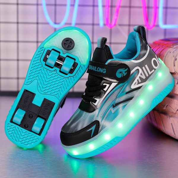 

Free shipping Teenage Adult Roller Kids Shoes Sneakers Led Girls For Boys Luminous Sneakers 4-Wheel with Backlight Roller Skate Shoes Size 29-39, Green601