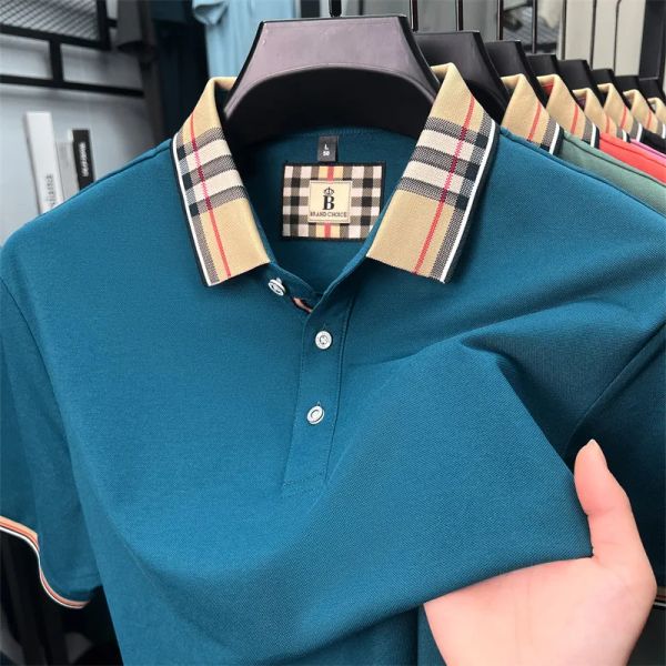 

Men's Luxury Silk Cotton Polo Shirt - Summer Short Sleeve Plaid Lapel Casual Business Fashion Top, Multi