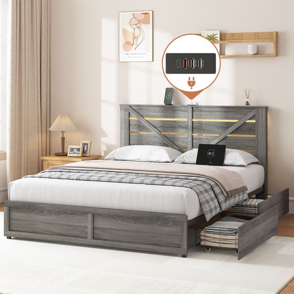 Modern Bed Base Bed Frame with Storage Headboard Footboard Storage Compartments and LED Lighting Equipped with Anti-slip Noise-free Mattress-support Metal Platform