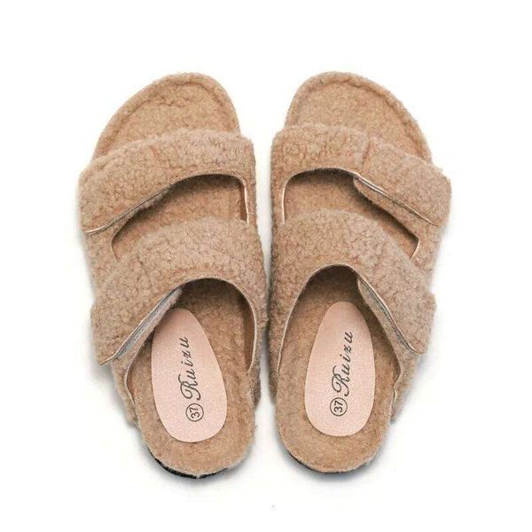 KIDMI Plush Lining Women's Velcro Non-slip Indoor Flat Slides Furry Warm Cozy Slippers With Arch Support