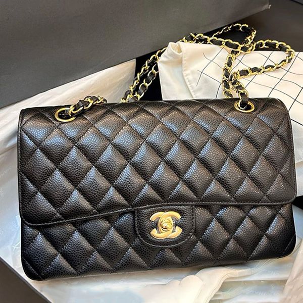 

Designer bag Luxury bag DesignerWomen's shoulder bag Caviar black cowhide gold and silver chain crossbody bag Premium lychee leather chain wallet Classic handbag, C-24-26cm sheepskin