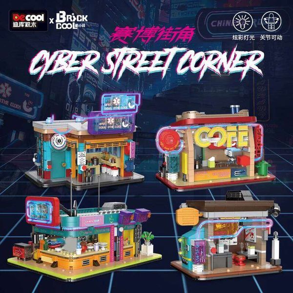 DECOOL Cyberpunk Street View Building Blocks Coffee Shop Sushi Restaurant With Led Strip Bricks Toys For Boys Birthday Gifts Z260305