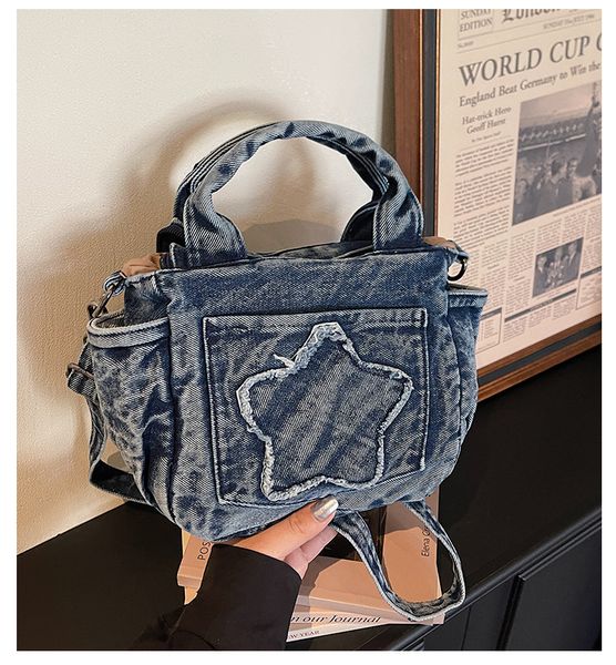 

Women's Unisex Canvas Diagonal Backpack - Stylish Denim Finish Canvas Shoulder Bag for Women - Single Handle Tote with Denim Washed Fabric, Blue