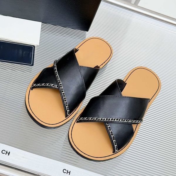 

Designer Slippers Women slides Slipper Calf leather round-toe flat mules 0.5cm Flip-flops Lady classic printed letter sandals size 35-42, #3