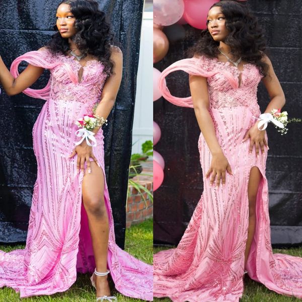 

2K26 Pink Prom Dress 2026 Mermaid Prom Dress Appliques Sequined High Split Sheer Neck Evening Dresses Birthday Party Formal Receiption Gowns Dresses ZJ071, Multi