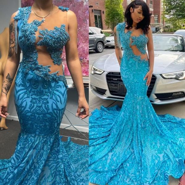 

2K26 Sky Blue Prom Dress 2026 Mermaid Prom Dress Sequined Crystals Sheer Neck Evening Dresses Birthday Party Formal Receiption Gowns Dresses ZJ072, Same as picture