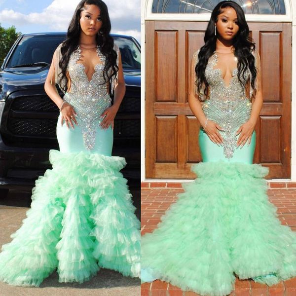 

2K26 Mint Prom Dress 2026 Mermaid Prom Dress Crystals Satin Tiers Evening Dresses For Black Women Birthday Party Formal Receiption Gowns Dresses ZJ034, Water melon