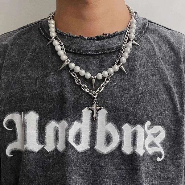 1 piece of Y2K punk imitation pearl stainless steel cone cross necklace, suitable daily wear, a gift for friends