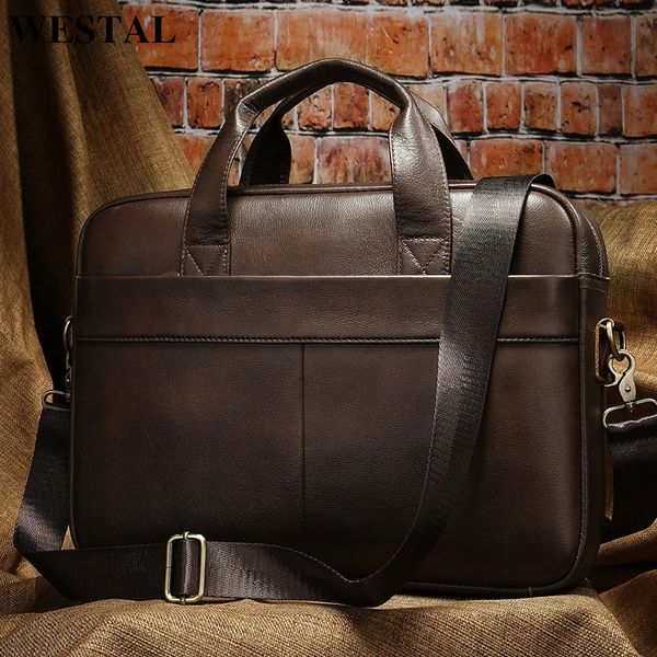WESTAL Mens Bag Genuine Leather Men Briefcase for Laptop 14 Messenger Mens Leather Bag Business Portfolio for Document A4 7022 260307