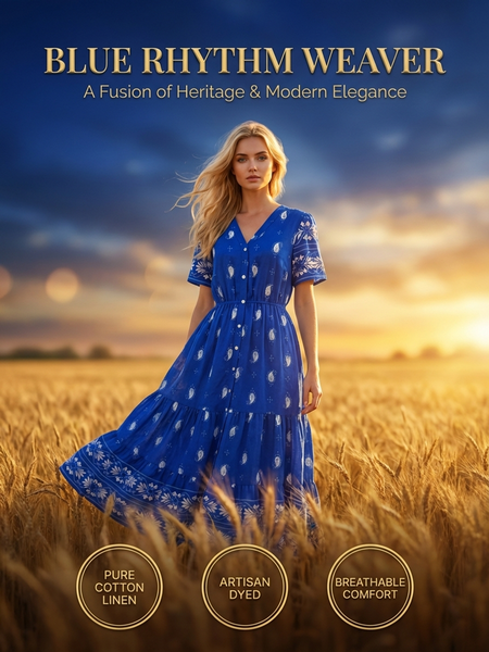 

V-neck Bohemian Blue Paisley Print Maxi Dress with Tiers Pure Cotton-Linen Fabric, Perfect For Warm Weather