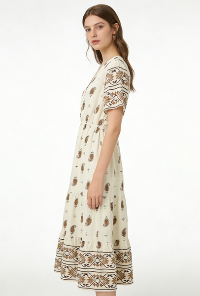 

Boho Paisley Print Midi Dress for Women, Linen Cotton V-Neck Ruffle Hem Beach Sundress for Thailand Vacation, Beige