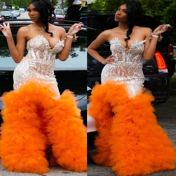 

2K26 Orange Prom Dress 2026 Mermaid Prom Dress Illusion Crystals Sequined Tiers Evening Dresses Birthday Party Formal Receiption Gowns Dresses ZJ079, Brown