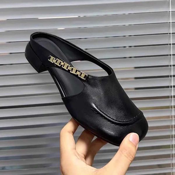 Womens Stylish Genuine Leather Mule Loafers with Metal Low Heel Slip On Flats Casual Driving Shoes K260311