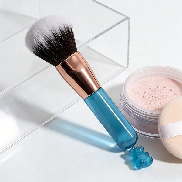 

Fluffy foundation make-up brush blue handle rose gold ferrule cute bear pendant - foundation make-up use synthetic powder blusher styling brush