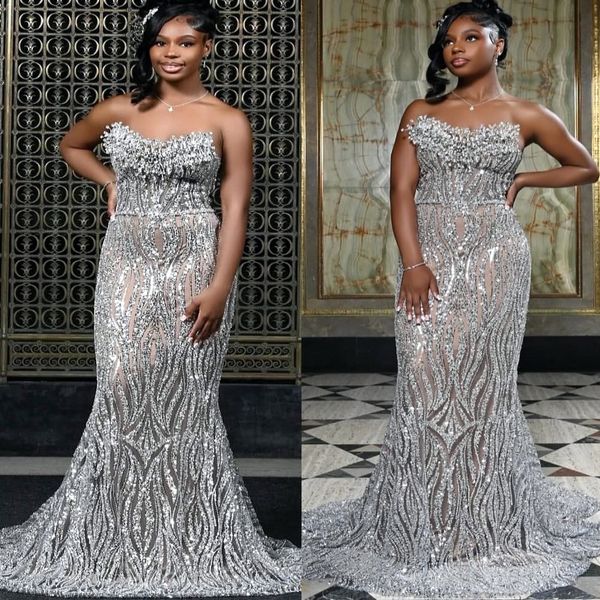 

2K26 Silver Prom Dress 2026 Mermaid Prom Dress Crystals Sequined Illusion Evening Dresses Birthday Party Formal Receiption Gowns Dresses ZJ079, Brown