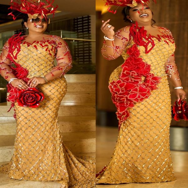 

Aso Ebi Gold Prom Dress 2026 Mermaid Prom Dress Flowers Applique Crystals Sheer Neck Evening Dresses Birthday Party Formal Receiption Gowns Dresses ZJ015, Sage