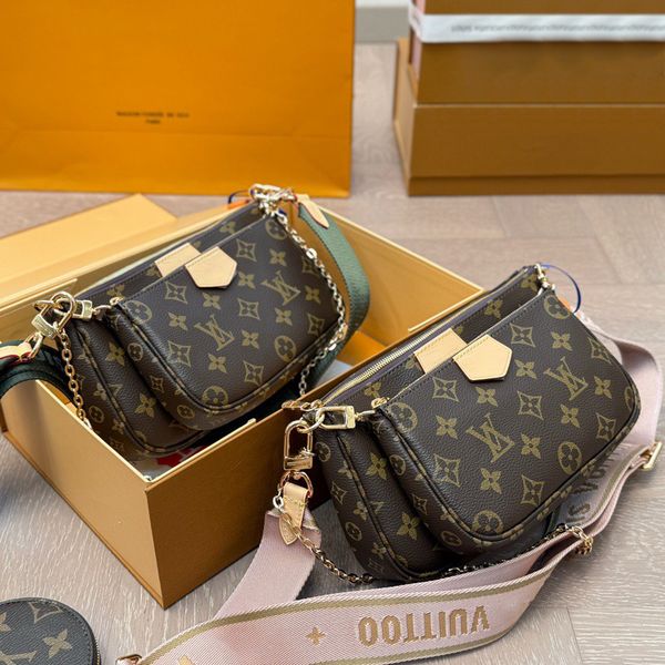 

Designer Bag Luxury Bag Monogram Canvas Multi Pochette Crossbody Bag Pink Adjustable Strap Detachable Round Coin Pouch Gold Tone Chain Designer Purse, L-2