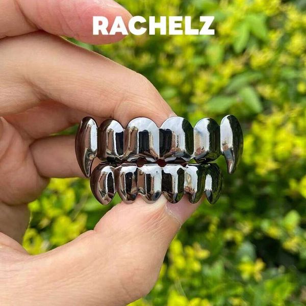 RACHELZ Hip Hop Black Fangs Tooth Grillz 14K Gold Plated 6/6 Teeth Caps Decor Dental Grills For Men Women Halloween Jewelry 26H0311