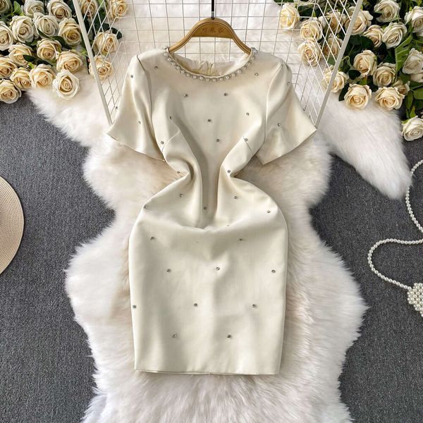 

Luxury cross-border social heavy bead diamond accessories a16 round neck women' summer dress with high-end texture, Light beige