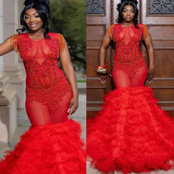 

2K26 Red Prom Dress 2026 Mermaid Prom Dress Beaded Crystals Tiers See Through Evening Dresses Birthday Party Formal Receiption Gowns Dresses ZJ078, Silver