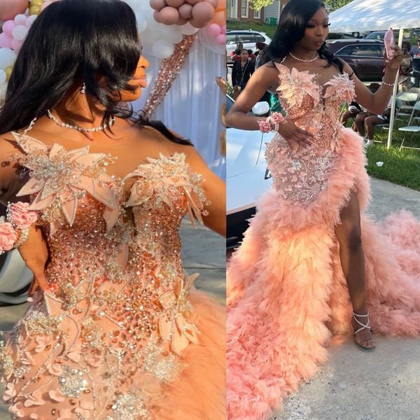 

Aso Ebi Blush Pink Prom Dress 2026 Mermaid Prom Dress Florals Crystals Tiers High Split Evening Dress Sequined Birthday Formal Women Pageant Party Gowns ZJ086, Ivory