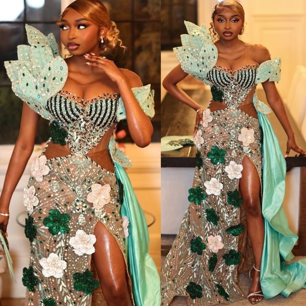 

2K26 Mint Prom Dress 2026 Mermaid Prom Dress Illusion Flowers Crystals Sheer Neck Evening Dresses Birthday Party Formal Receiption Gowns Dresses ZJ085, Gold