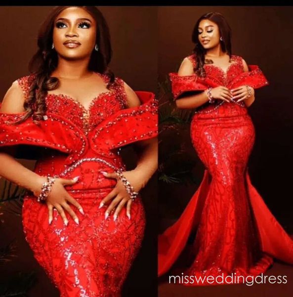 Plus Size Red Mermaid Evening Dresses Elegant Off Shoulder Sequined Prom Dress Women Formal Party Second Birthday Engagement Gowns N19