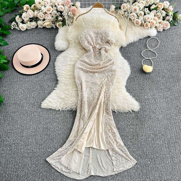 

2026 Women' Evening Dress Elegant and Exquisite Strapless with Ruffles, Slim a16 Fit, Fork and Sparkling Glitter, Light gold color