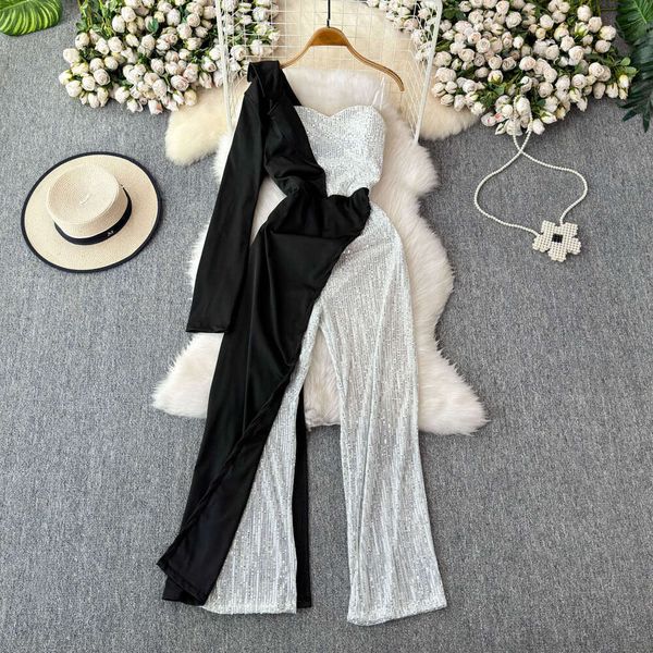 

Socialite high-end elegant women's jumpsuit fashionable a16 niche light luxury off shoulder lace up long sleeved sequin splicing, Black and white colors