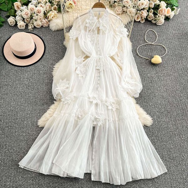 

French elegant three-dimensional lantern sleeve dress 2026 new unique and exquisite a16 fairy like seaside vacation, White