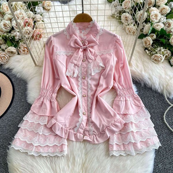 

French court retro high-end lace patchwork stand up collar women' shirt with sweet and youthful bow and bell a16 shaped sleeves, Pink