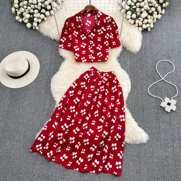 

Women's Fashion Set Bubble a16 Sleeve Top Short Sleeve Two Piece Set High Waist Printed A-line Skirt 2026, Red