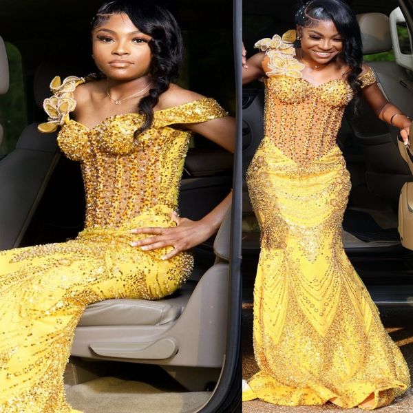 

2K26 Yellow Prom Dress 2026 Mermaid Prom Dress One Shoulder Beaded Florals Sparkly Evening Dresses Birthday Party Formal Receiption Gowns Dresses ZJ081, Same as picture