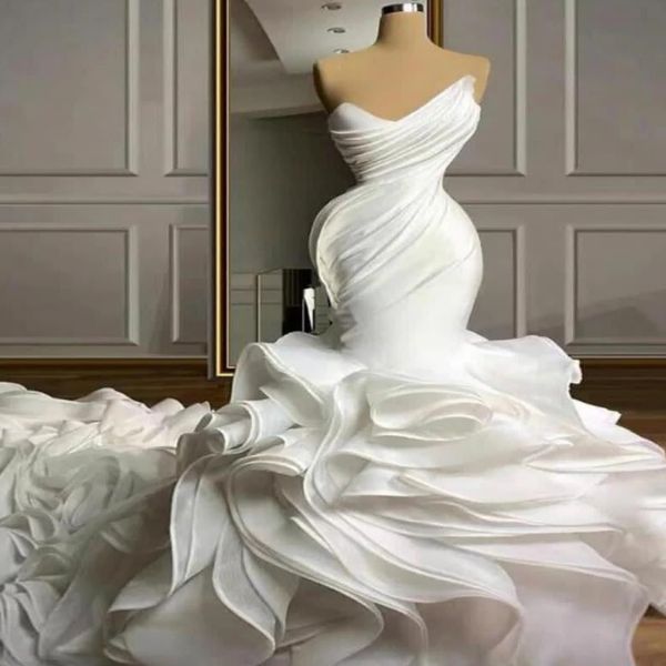 

Elegant Stylish 2026 Ivory Mermaid Wedding Dress Sweetheart Ruffles Tiers Satin Organza Stunning Bridal Gowns Dresses ZJ2388, Custom made from color chart